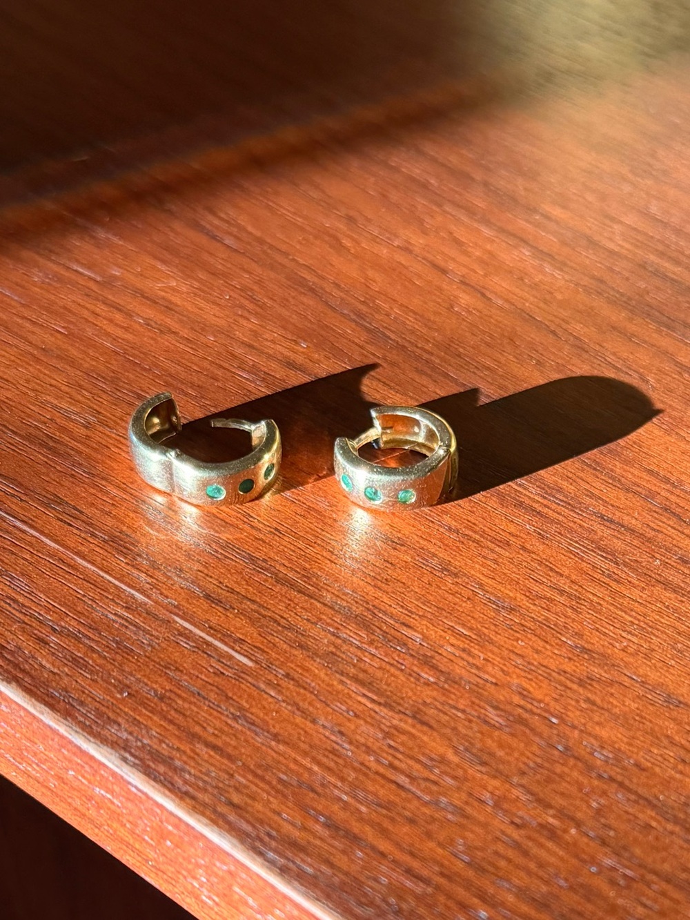 14k Huggie Hoop Earrings with Inlayed Emerald - Women Jewelry